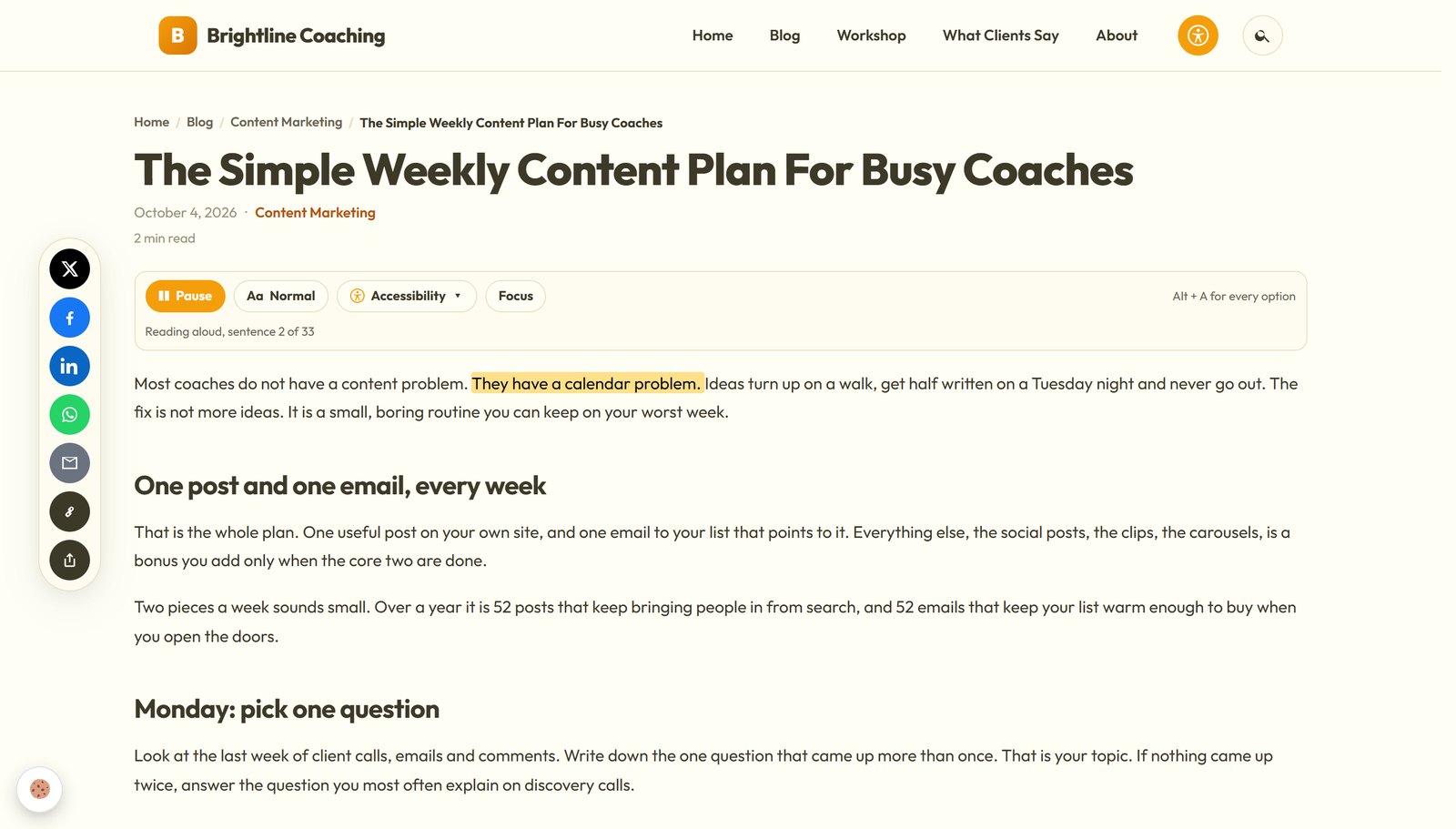 Blog post being read aloud by Accessibility PRO with the current sentence highlighted and a Pause button