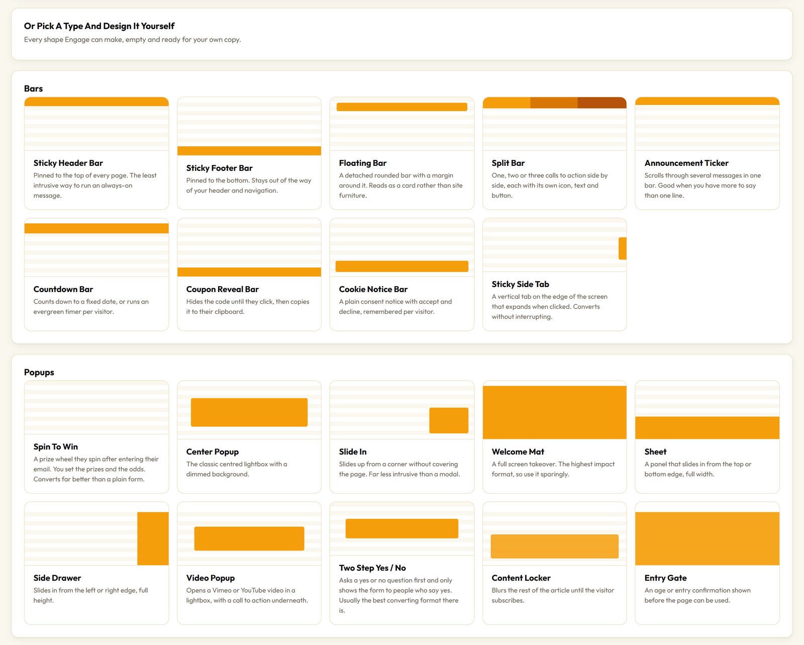 ResultsAiX Engage campaign type picker with bars and popups, including a sticky header bar, slide in and spin to win