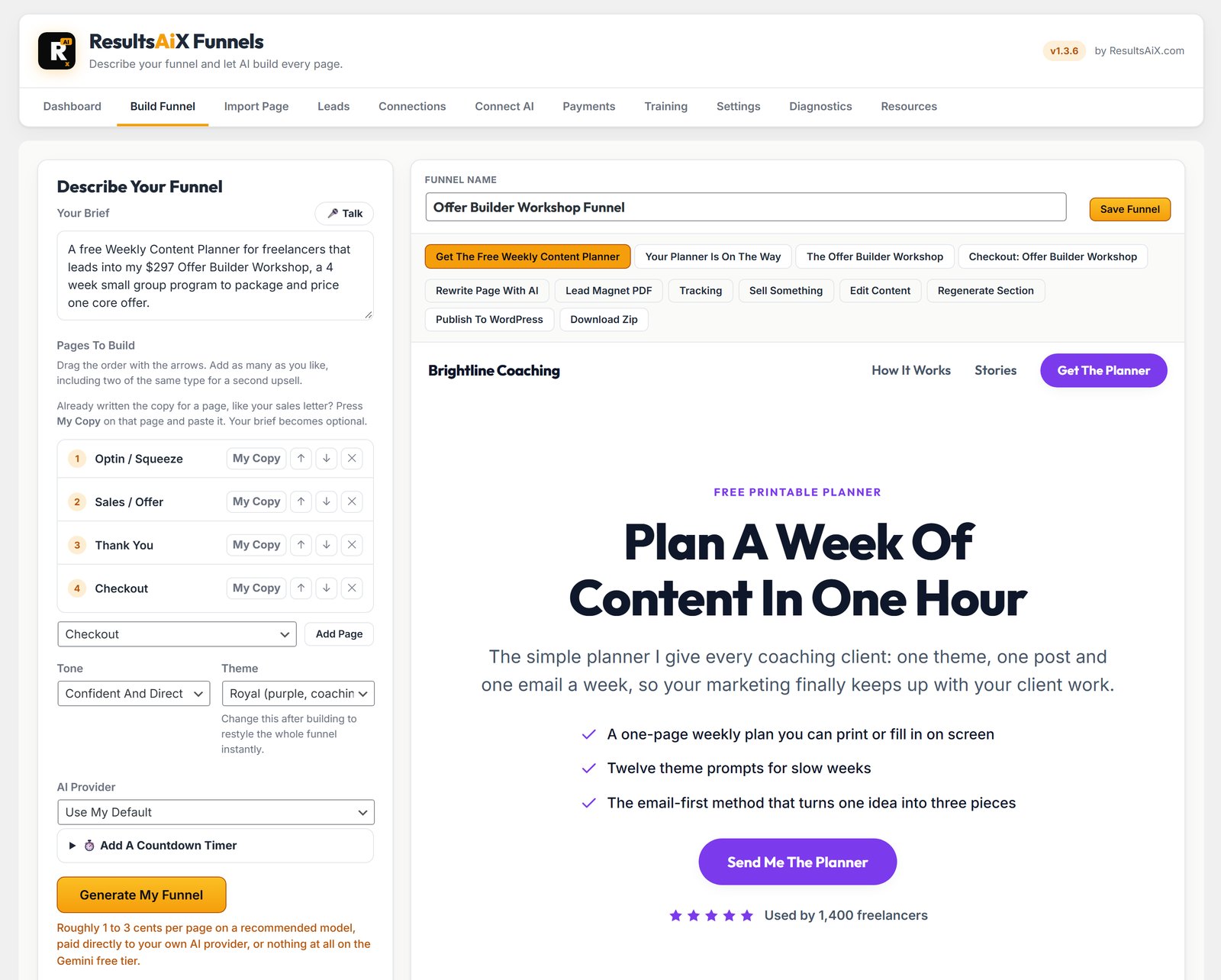 ResultsAiX Funnels Build Funnel screen with a plain English brief beside a live preview of the built optin page