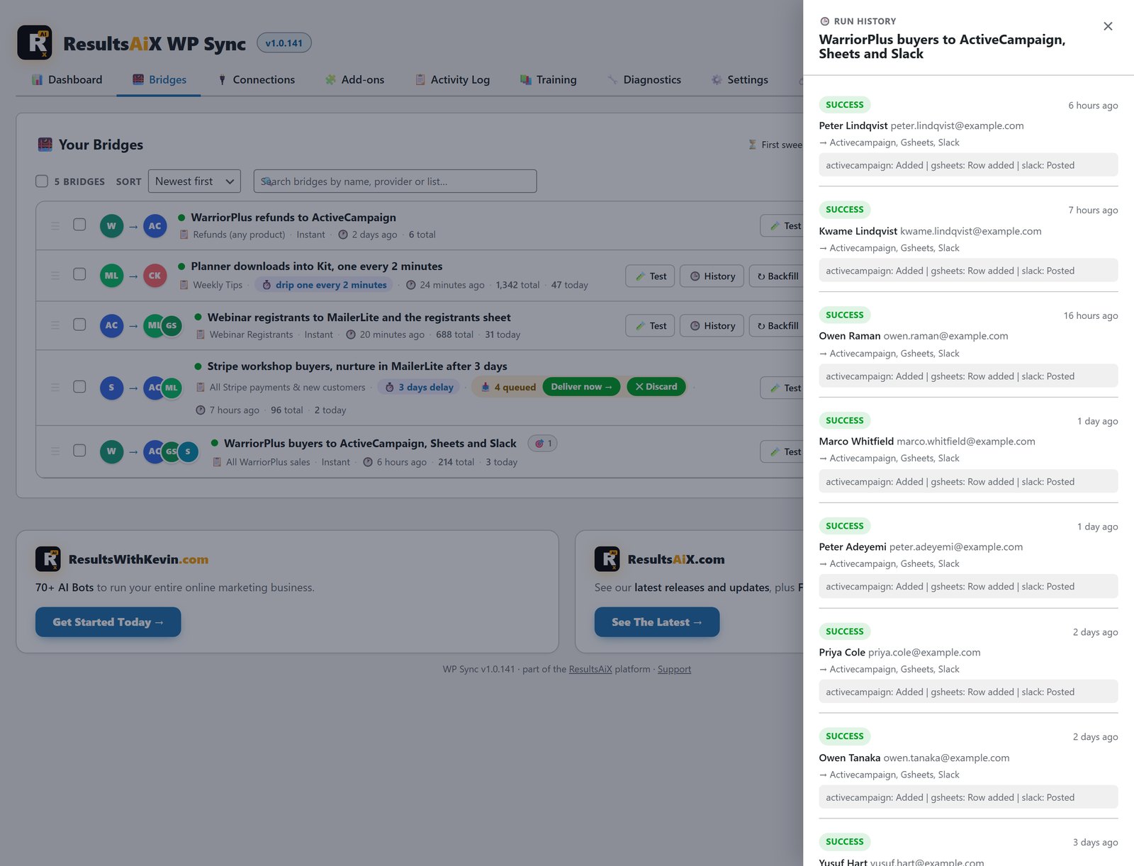WP Sync run history for a WarriorPlus buyers bridge with each contact and its result for every destination