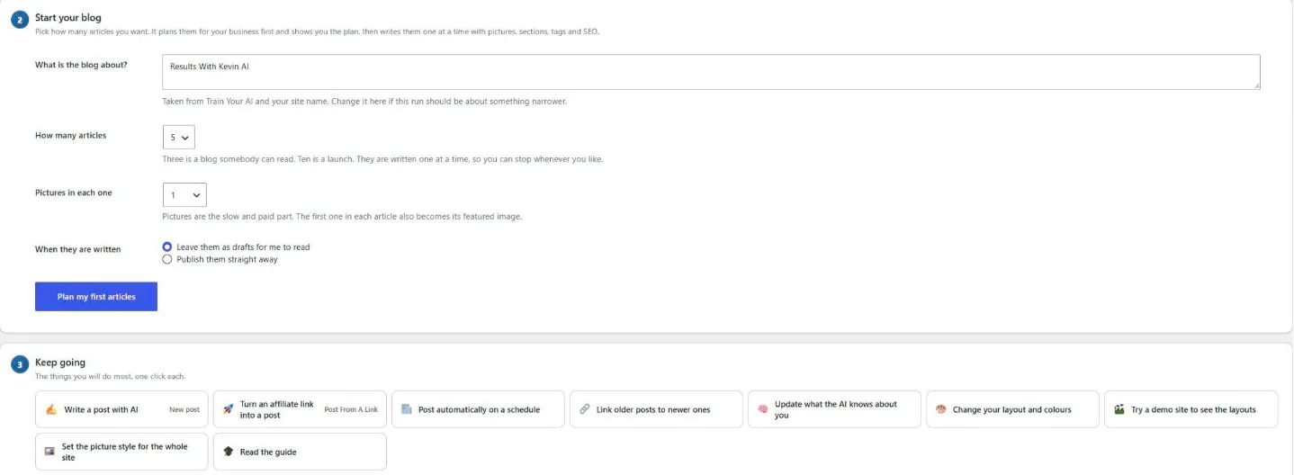 The real Start your blog panel in the ResultsAiX Theme