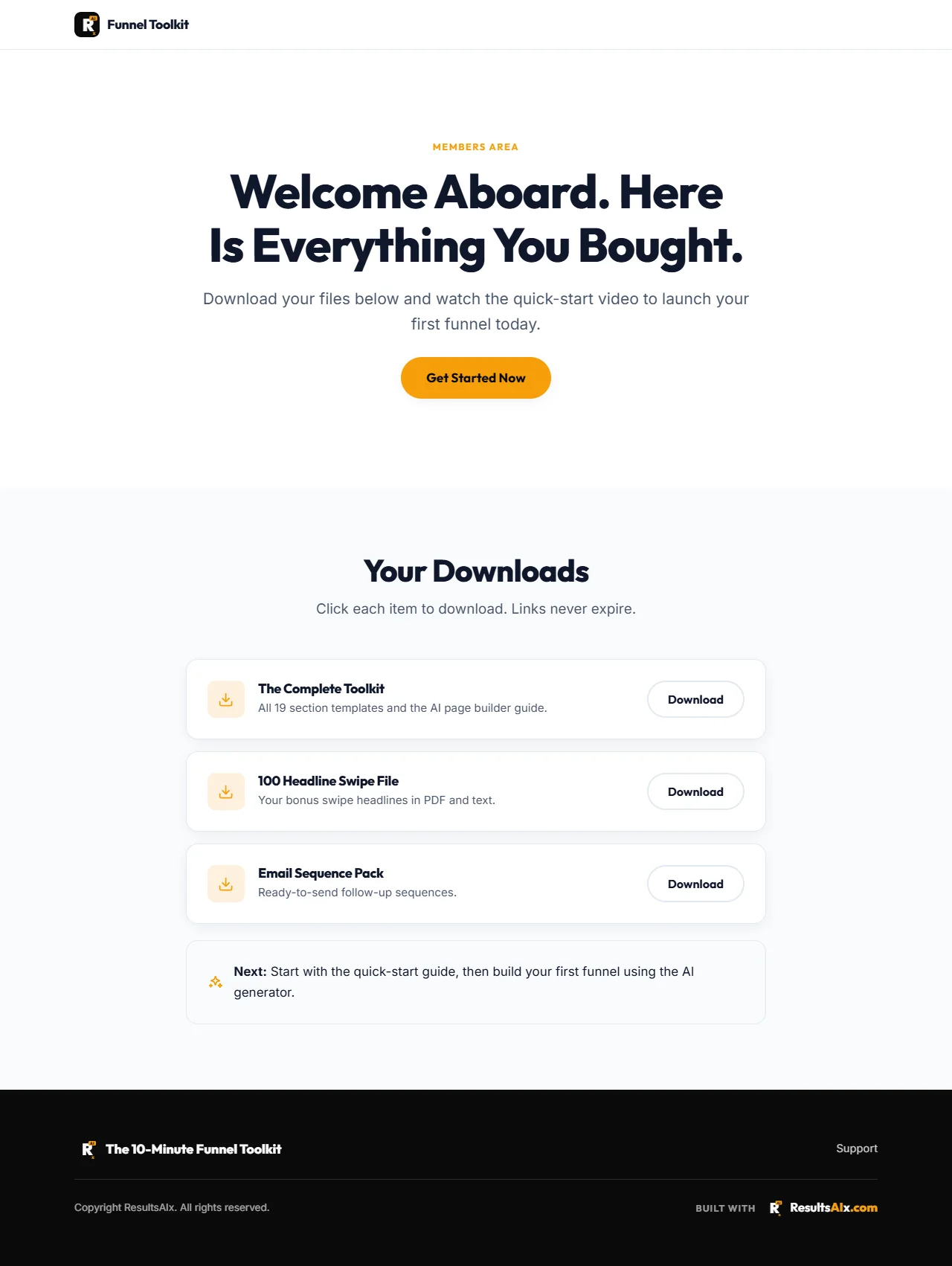 The download page generated by ResultsAiX Funnels