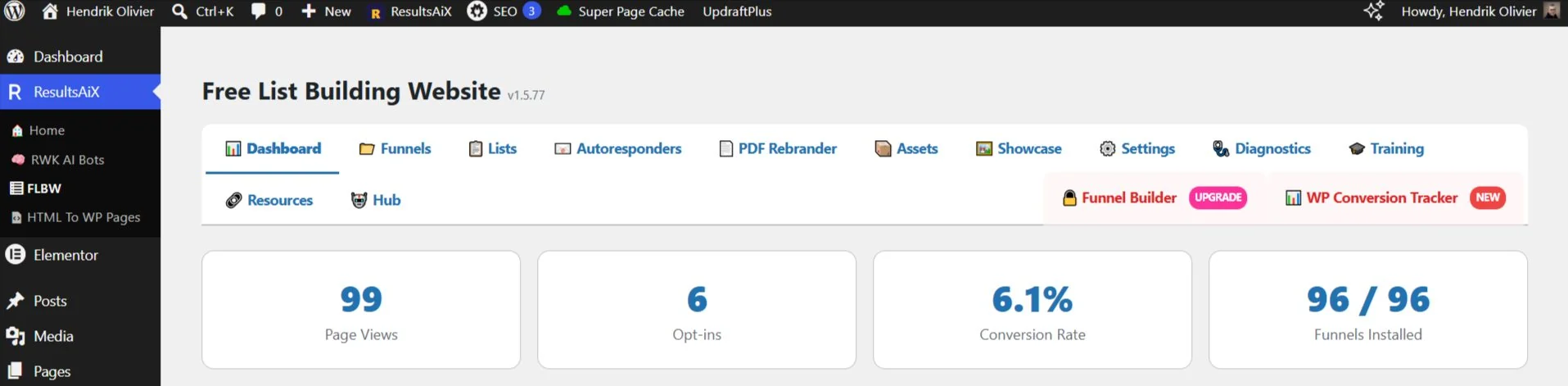 Hendrik's dashboard: 99 page views, 6 opt-ins, 6.1 percent conversion rate
