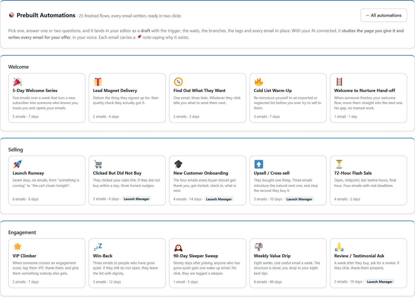 25 prebuilt automations including the 5-Day Welcome Series