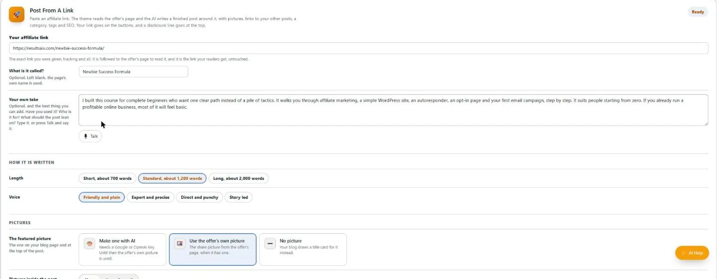 The real Post From A Link screen with the affiliate link filled in
