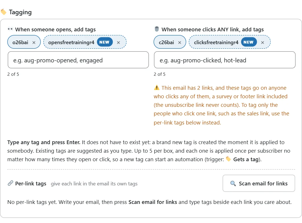 When someone opens, add tags. When someone clicks any link, add tags.