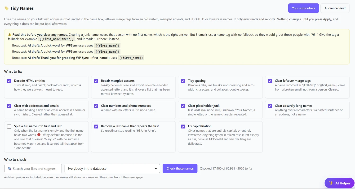 Tidy Names checking a 66,921 subscriber list