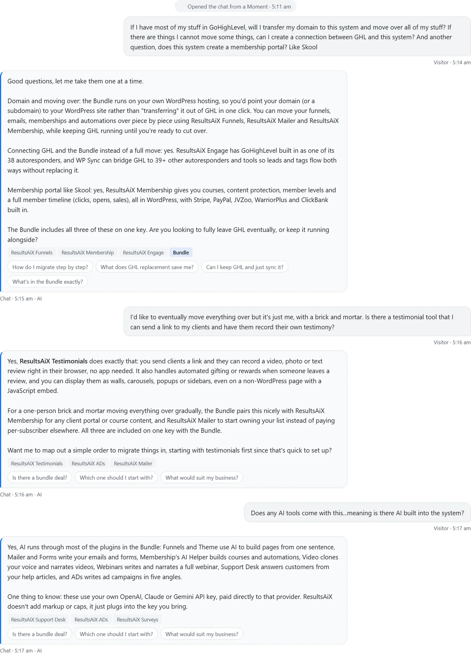 A brick-and-mortar owner asking about moving from GoHighLevel and collecting client testimonials