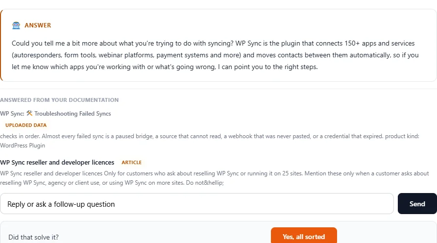 AI answering from the help articles with sources