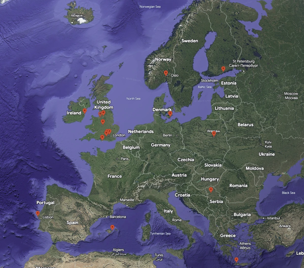 ResultsAiX Pulse on Google 3D: visitor pins across Europe, from Dublin and London to Oslo, Warsaw, Lisbon and Crete
