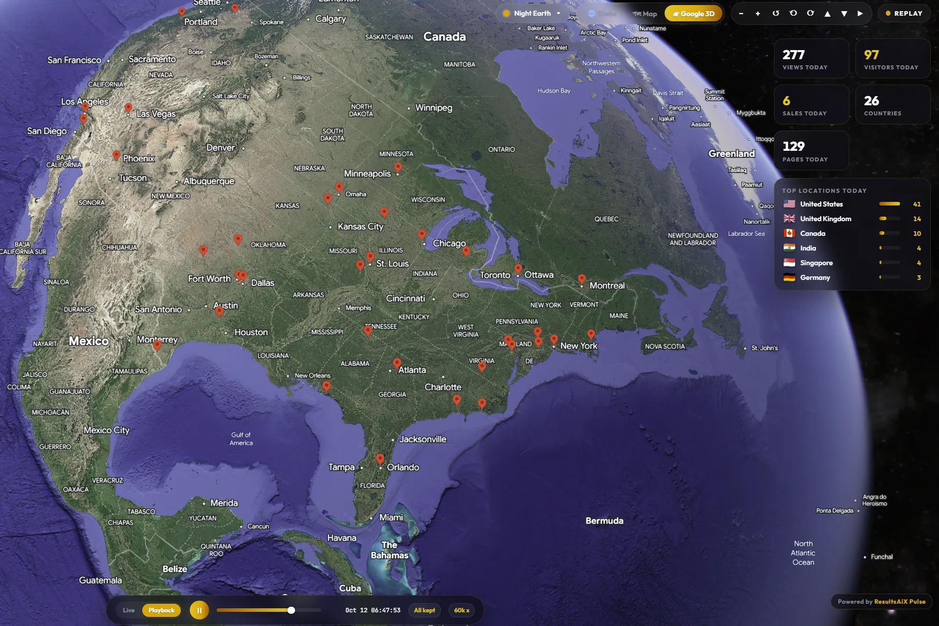 ResultsAiX Pulse on Google 3D: a replay of every visit across North America, with today's numbers and top locations