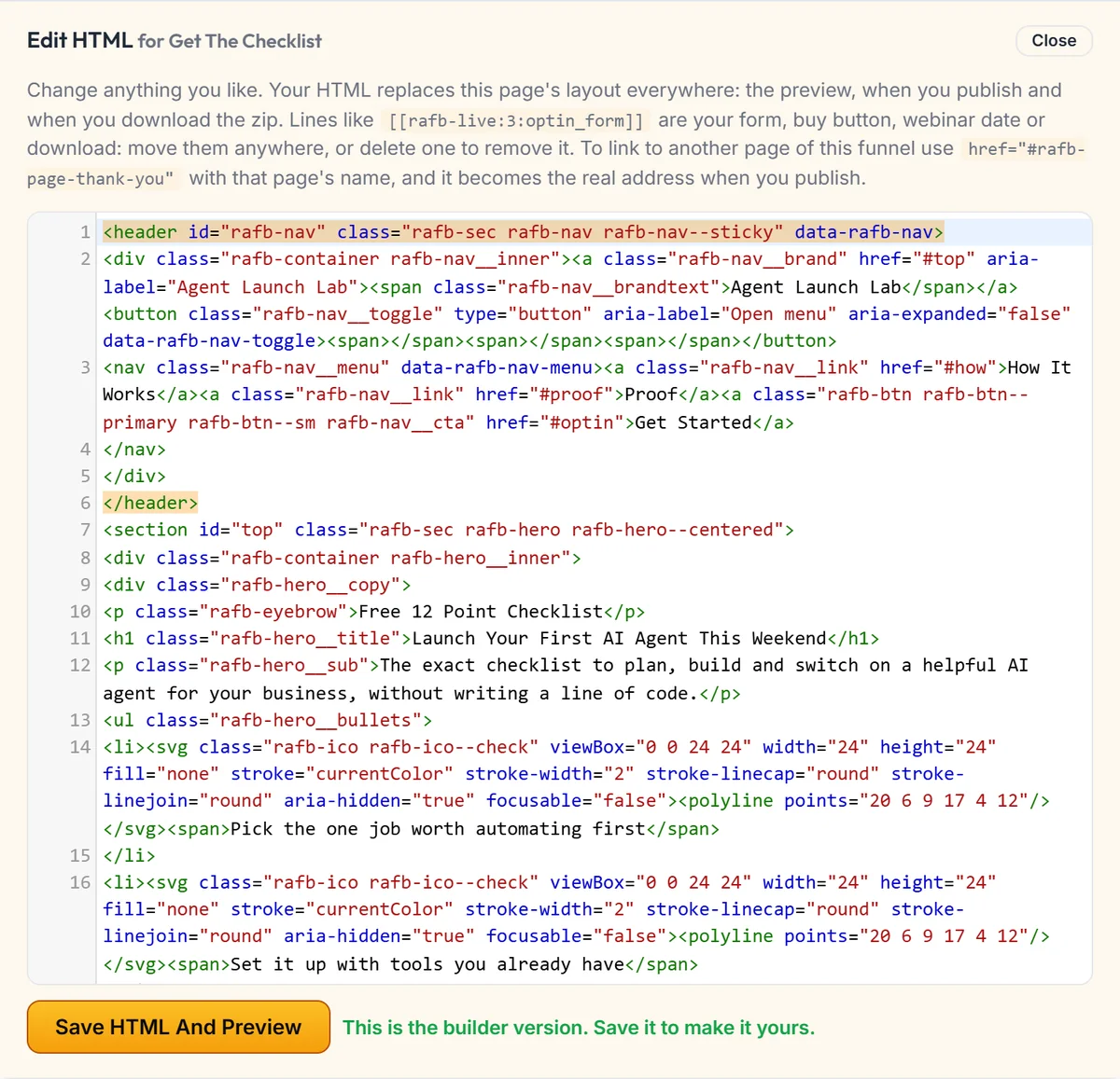 Editing a funnel page's HTML in the WordPress code editor