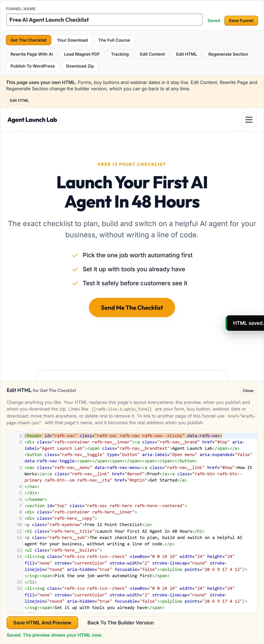 The preview showing the page with the edited HTML