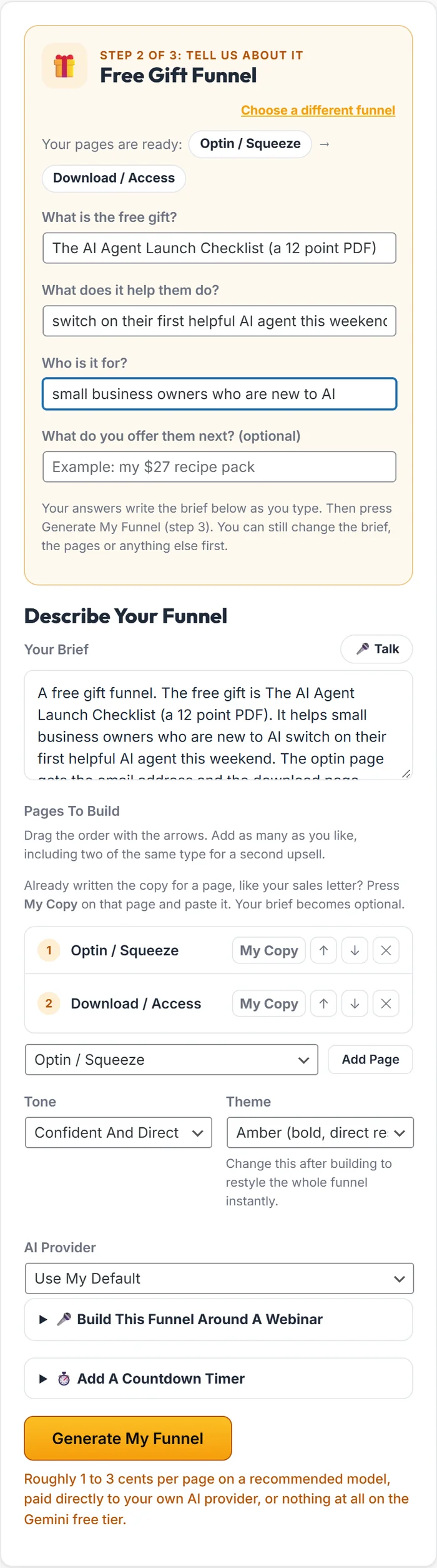 The questions that write the brief for a free gift funnel