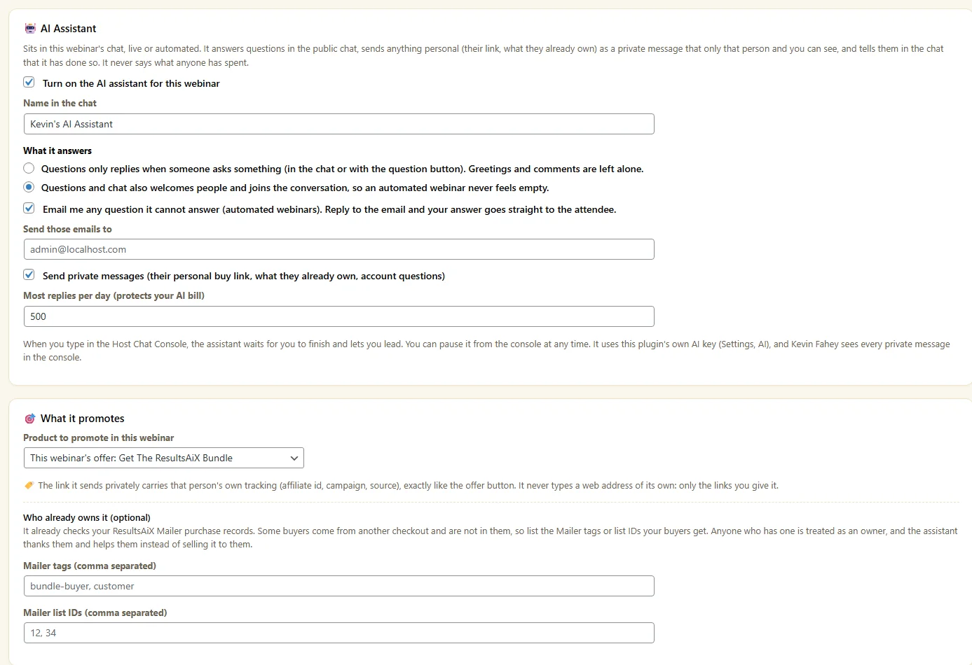 The AI Assistant settings for a webinar