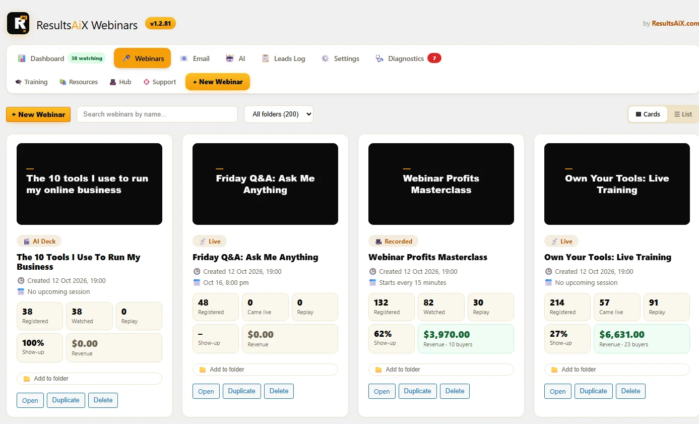 The webinars page in Cards view, with registrations, show-up and revenue on every webinar