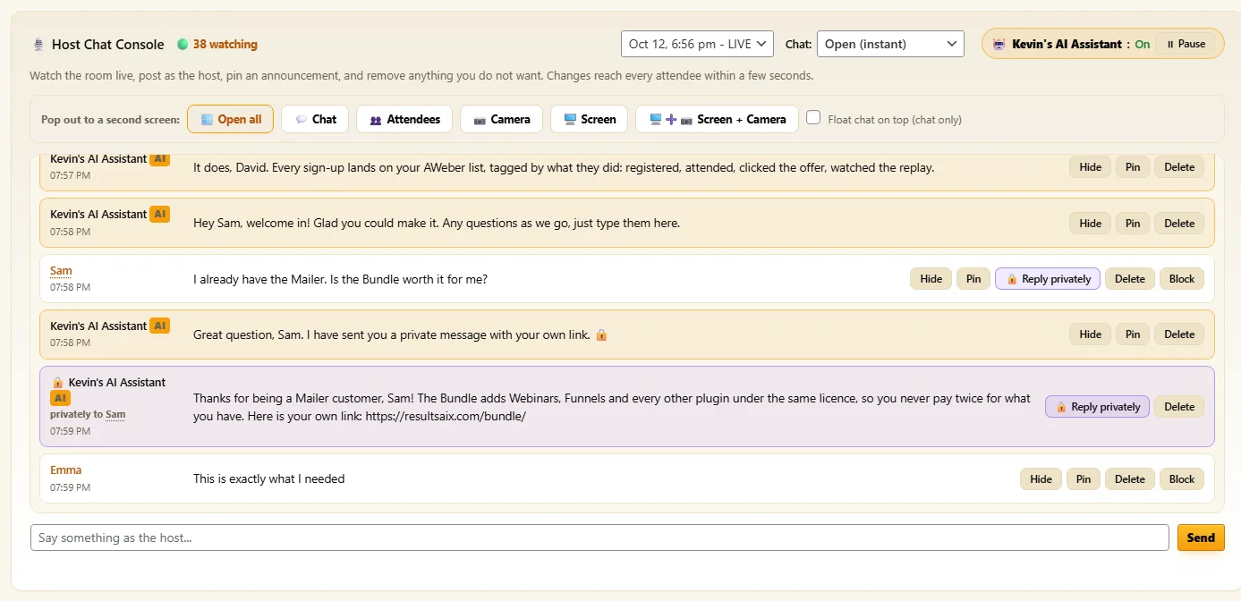 The Host Chat Console with the live chat, the AI assistant's messages and moderation buttons