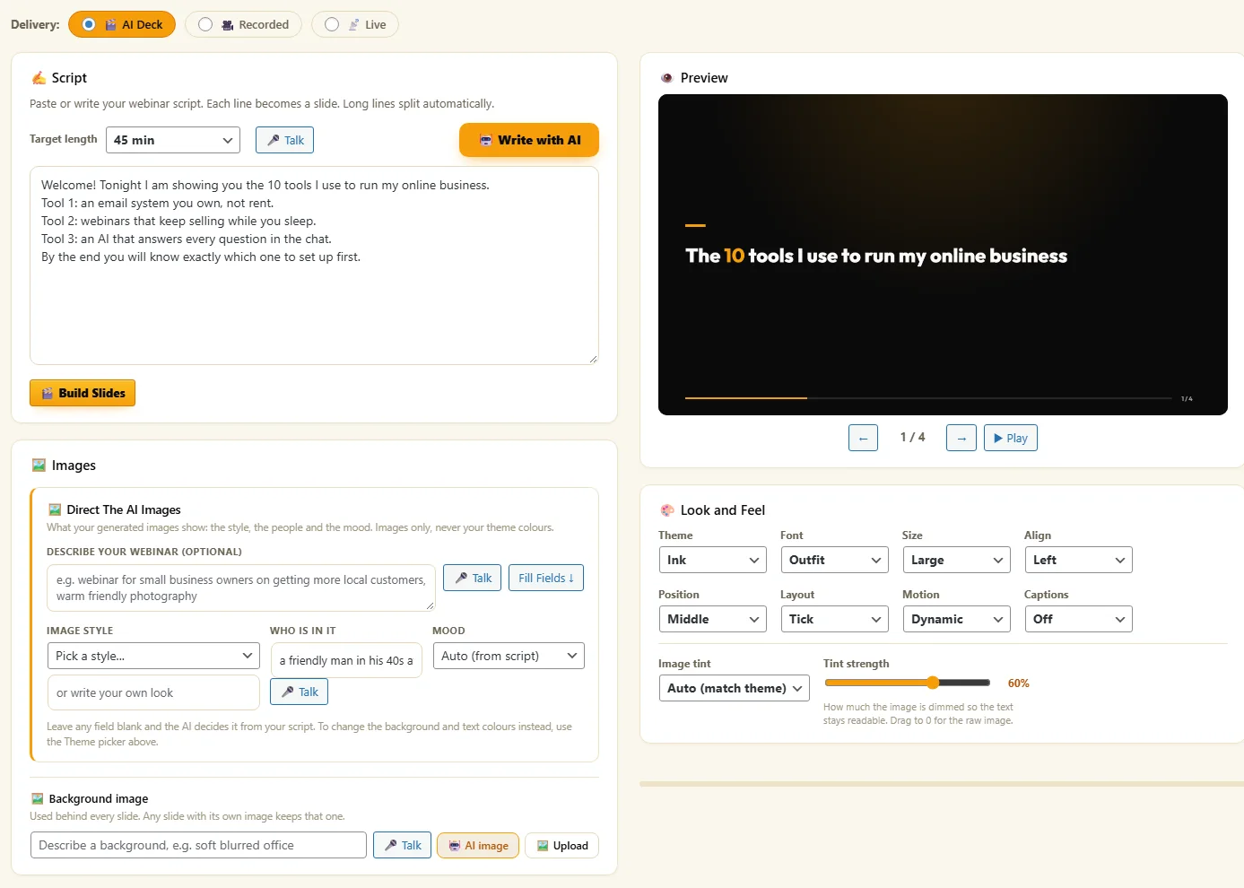 The AI Deck builder with the script, a slide preview and the look and feel settings