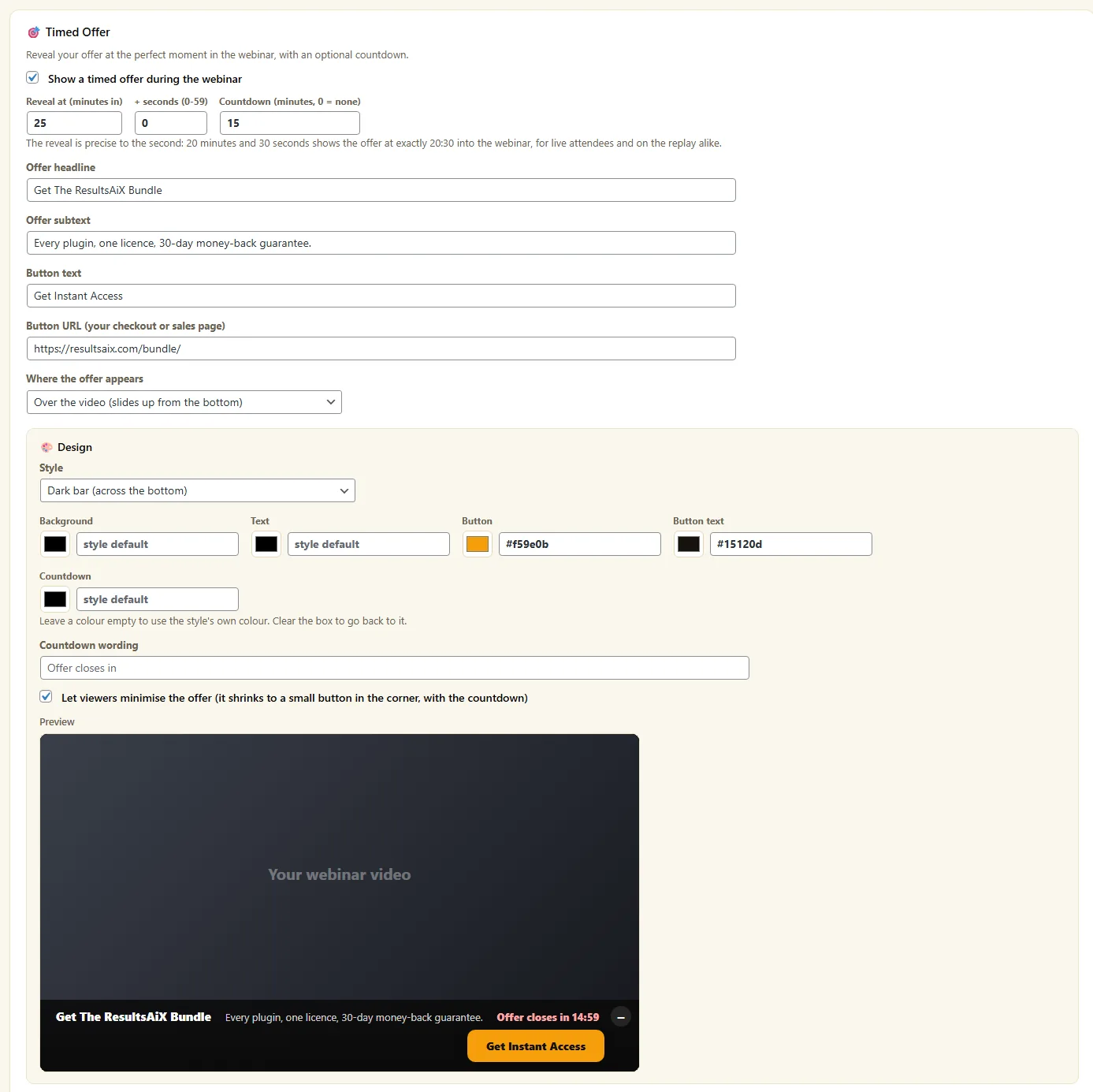 The Offer tab with timing, wording, design and a live preview