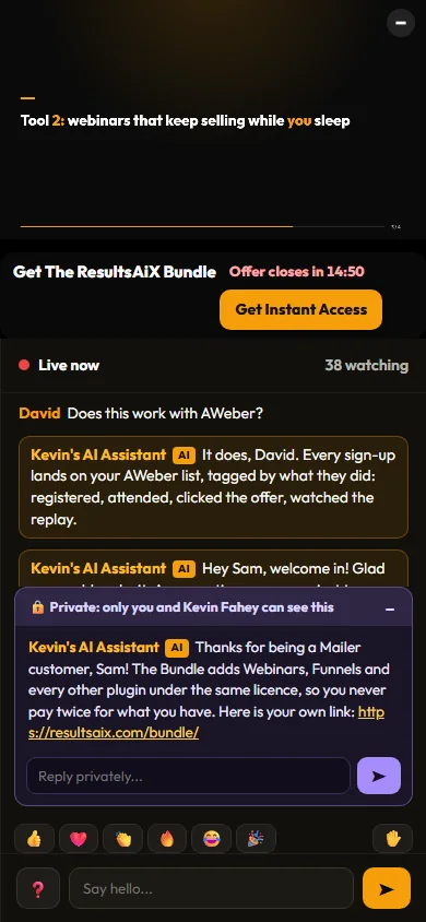 The webinar room on a phone, with the offer and a private message from the AI assistant