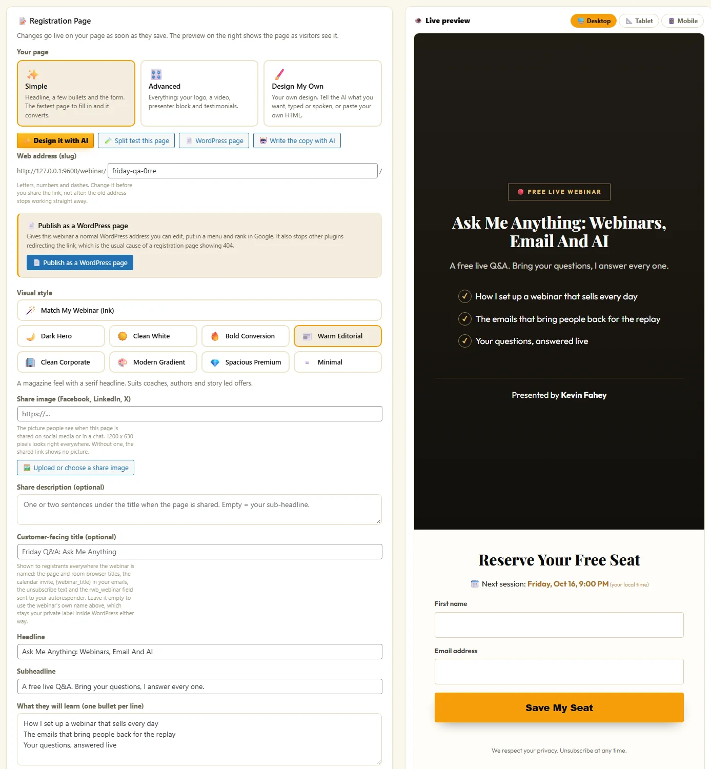 The Registration tab with page styles and a live preview