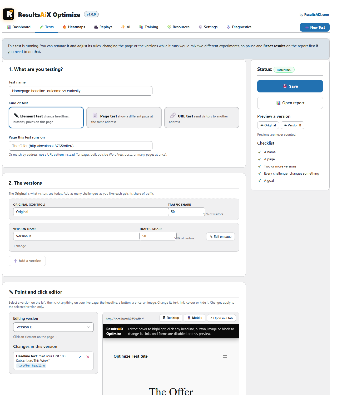The ResultsAiX Optimize builder with the live page loaded inside the point-and-click editor