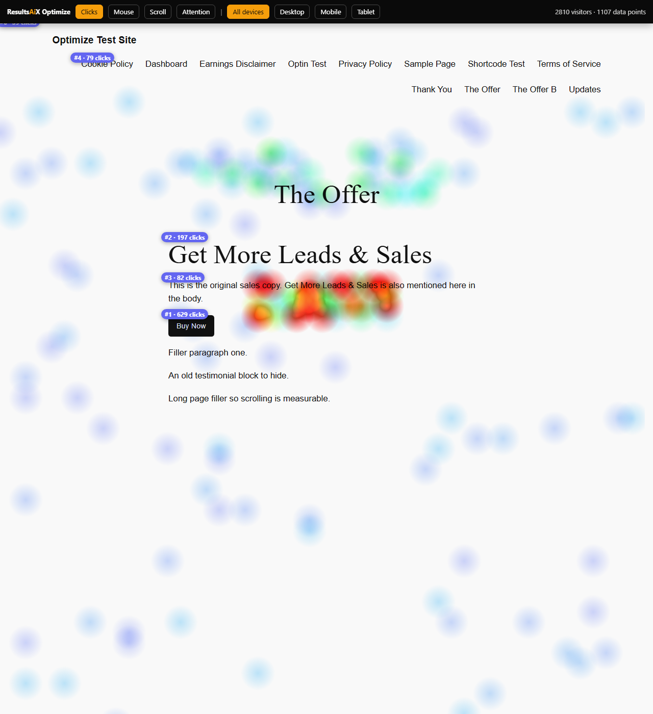 Click heatmap laid over the live page with the most-clicked elements ranked
