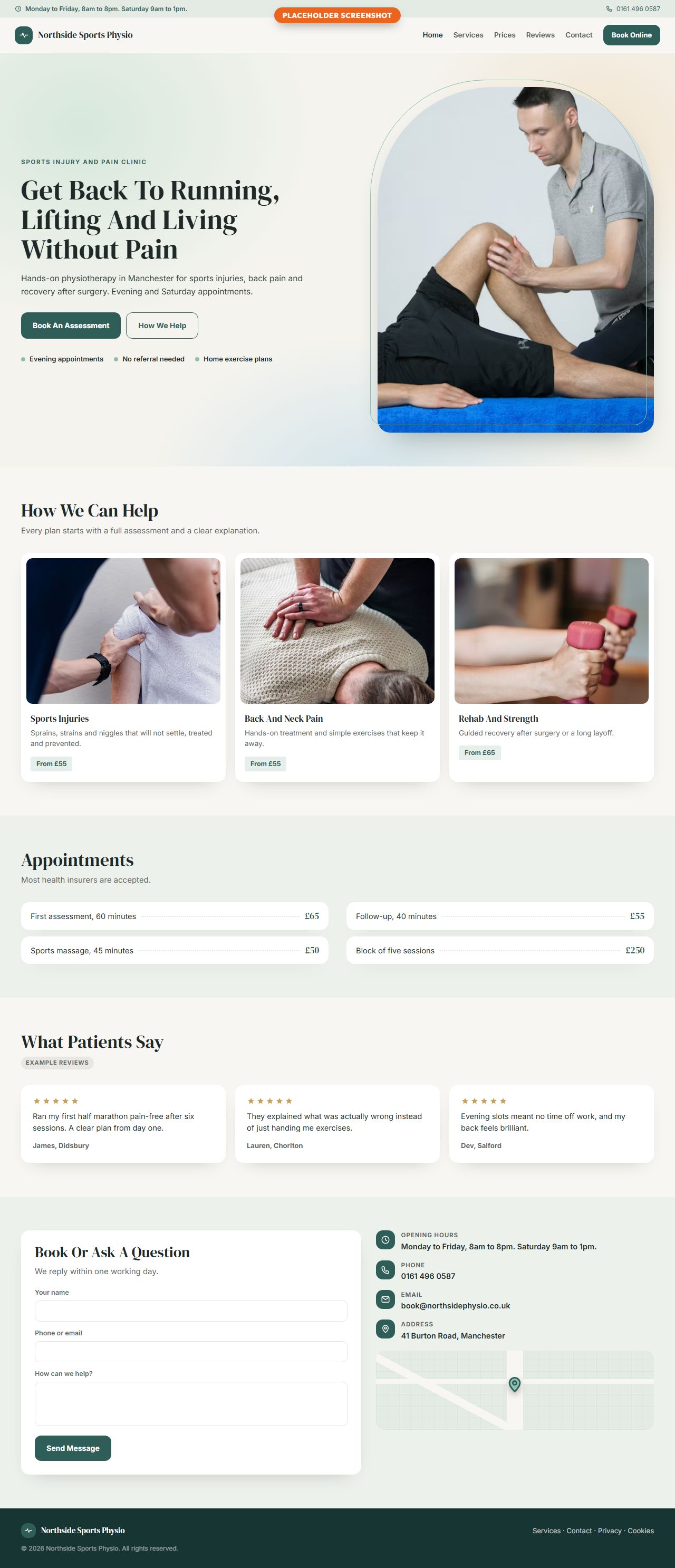 Example website for a sports physio clinic, on a computer