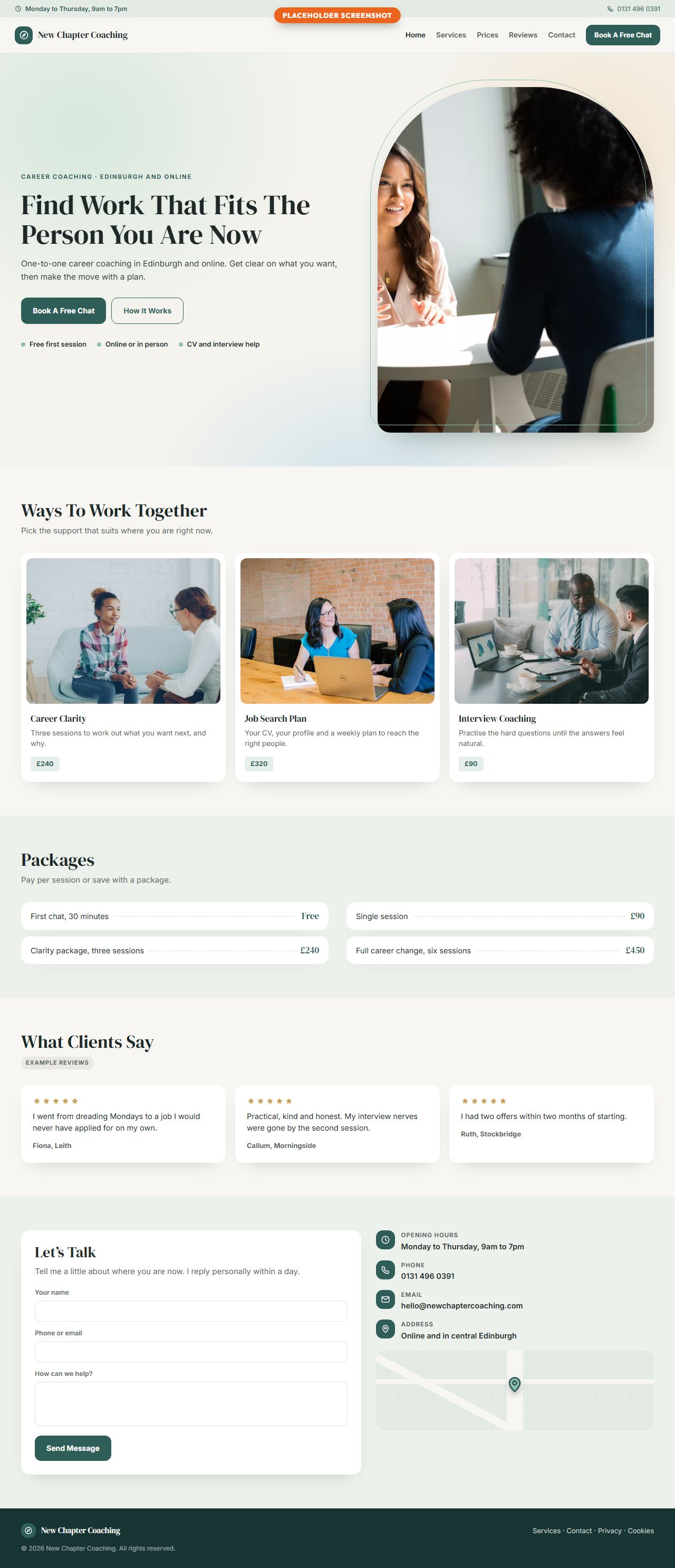 Example website for a career coach in Edinburgh, on a computer