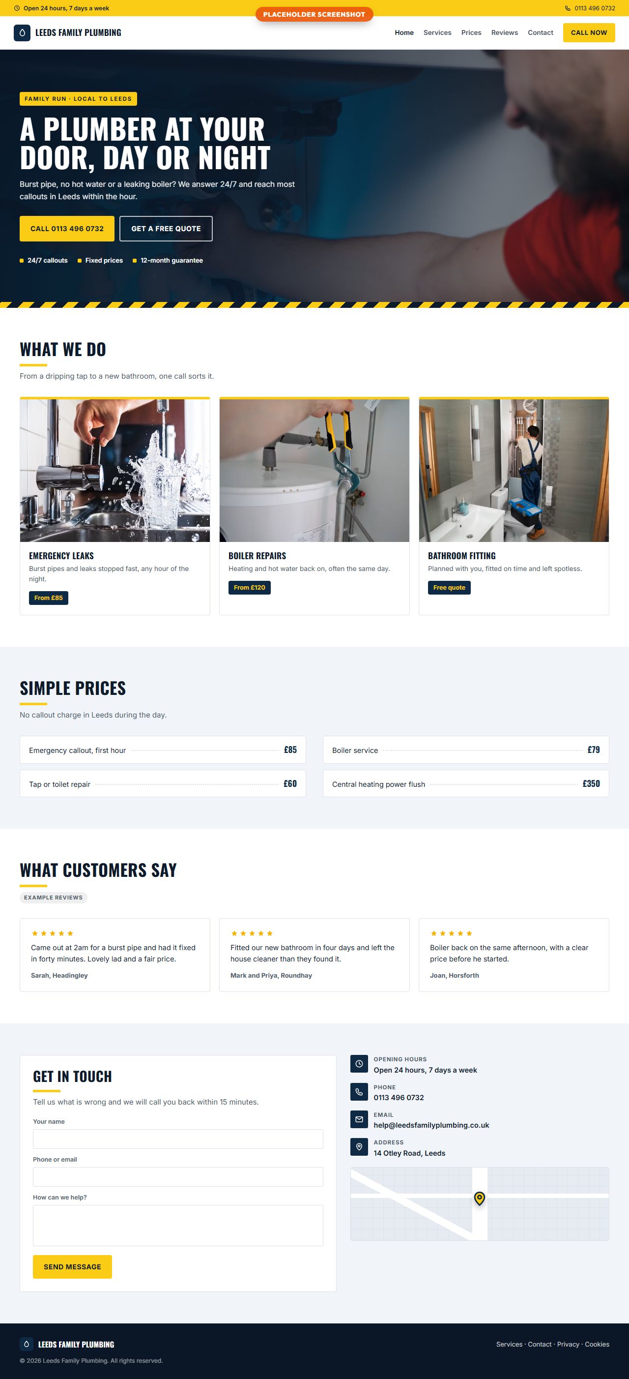 Example website for a family plumber in Leeds, on a computer