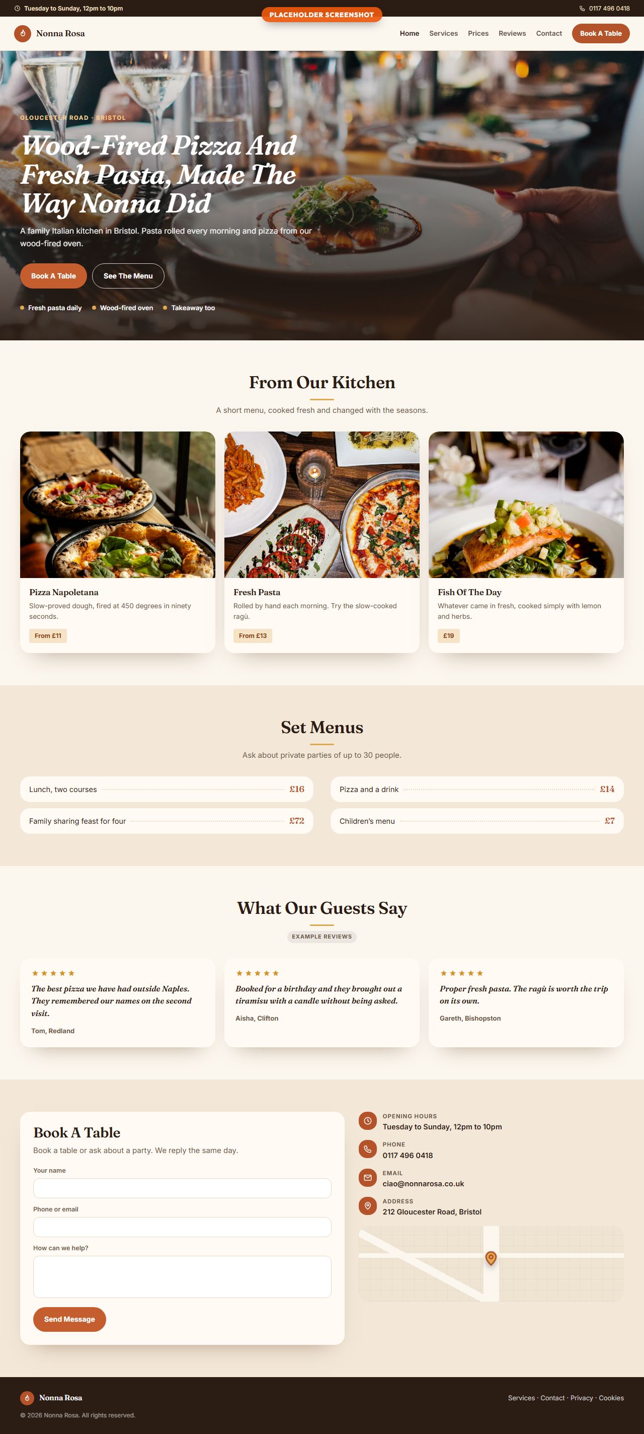 Example website for a family Italian restaurant, on a computer