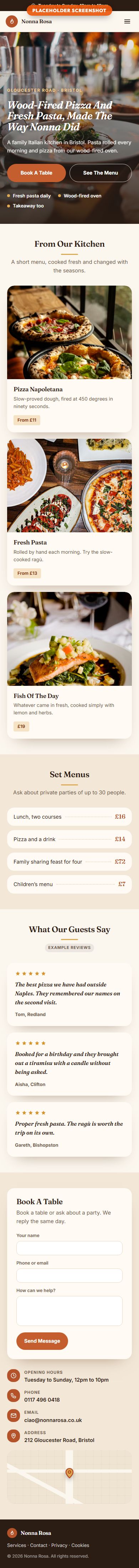 The same restaurant website on a phone