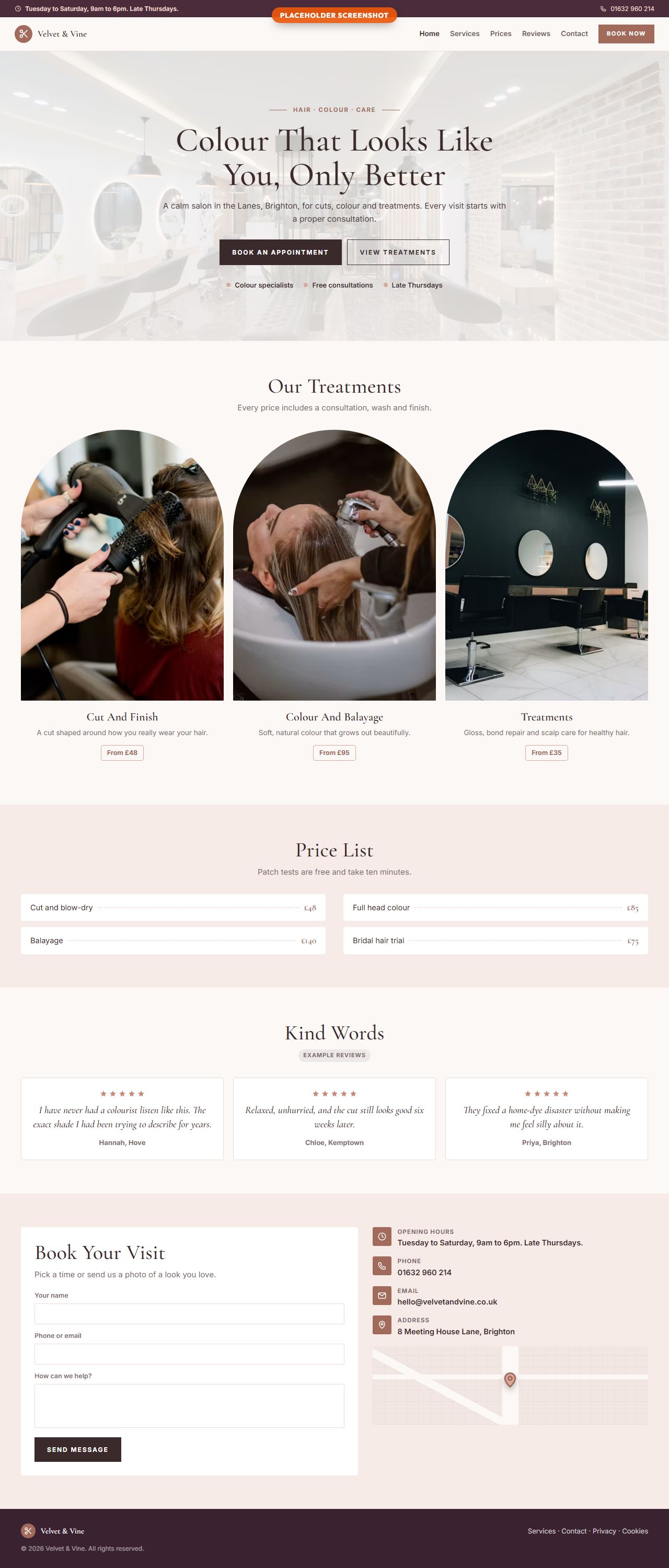 Example website for a hair and beauty salon, on a computer