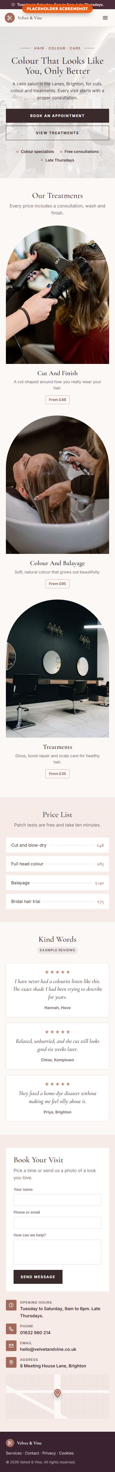 The same salon website on a phone