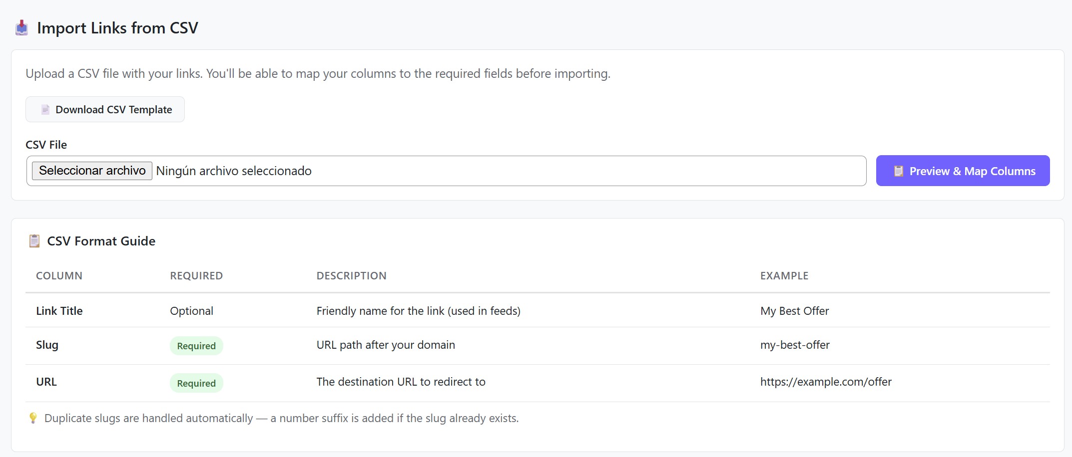 Import Links from CSV interface showing download template button, file picker, and CSV format guide with required columns Slug and URL plus optional Link Title