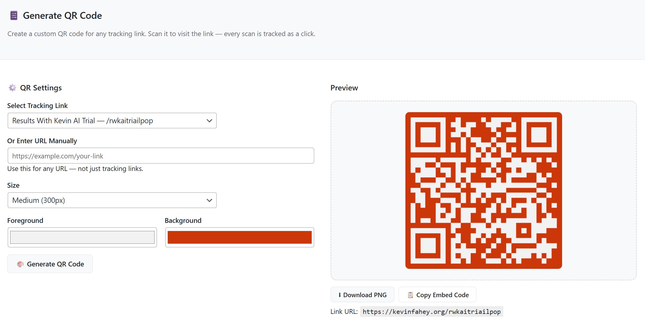 Generate QR Code interface inside WordPress — Select tracking link dropdown, size selector, foreground/background color pickers, and live QR preview with Download PNG and Copy Embed Code buttons