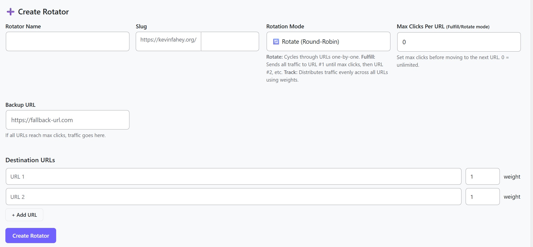 Create Rotator form with 3 rotation modes (Rotate, Fulfill, Track), max clicks, and backup URL