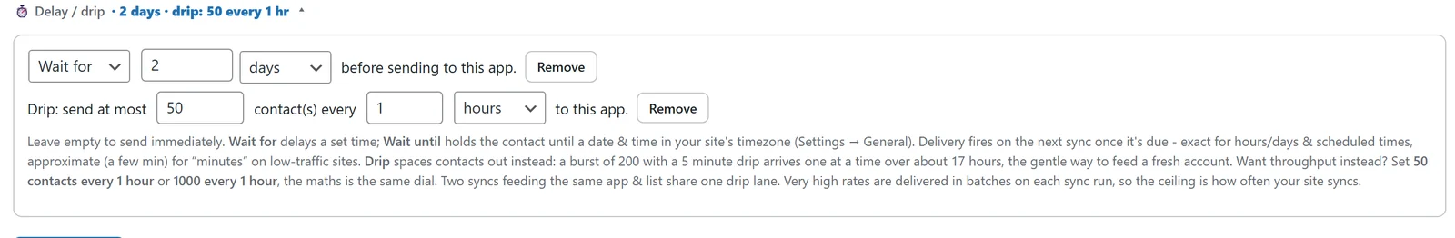 The WP Sync delay and drip controls on a destination