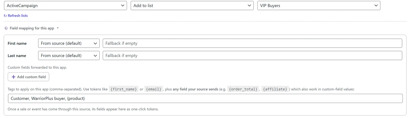 WP Sync field mapping and tags for one destination